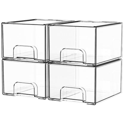 4 Pack Clear Stackable Storage Drawers,4.4'' Tall Acrylic Drawer Containers for Organizing,Bathroom Organizers and Storage Bin Box,Plastic Makeup,Medicine Organizer Bins for Cabinet,Undersink