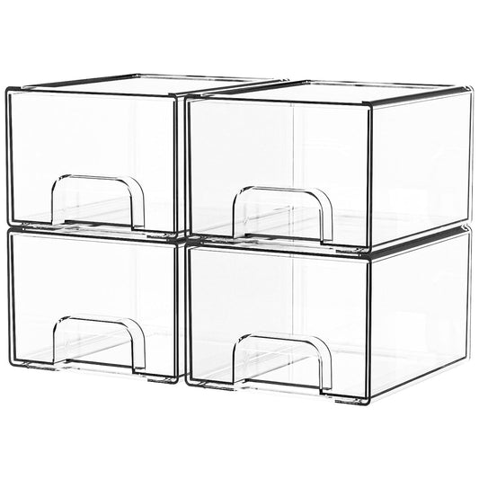 4 Pack Clear Stackable Storage Drawers,4.4'' Tall Acrylic Drawer Containers for Organizing,Bathroom Organizers and Storage Bin Box,Plastic Makeup,Medicine Organizer Bins for Cabinet,Undersink