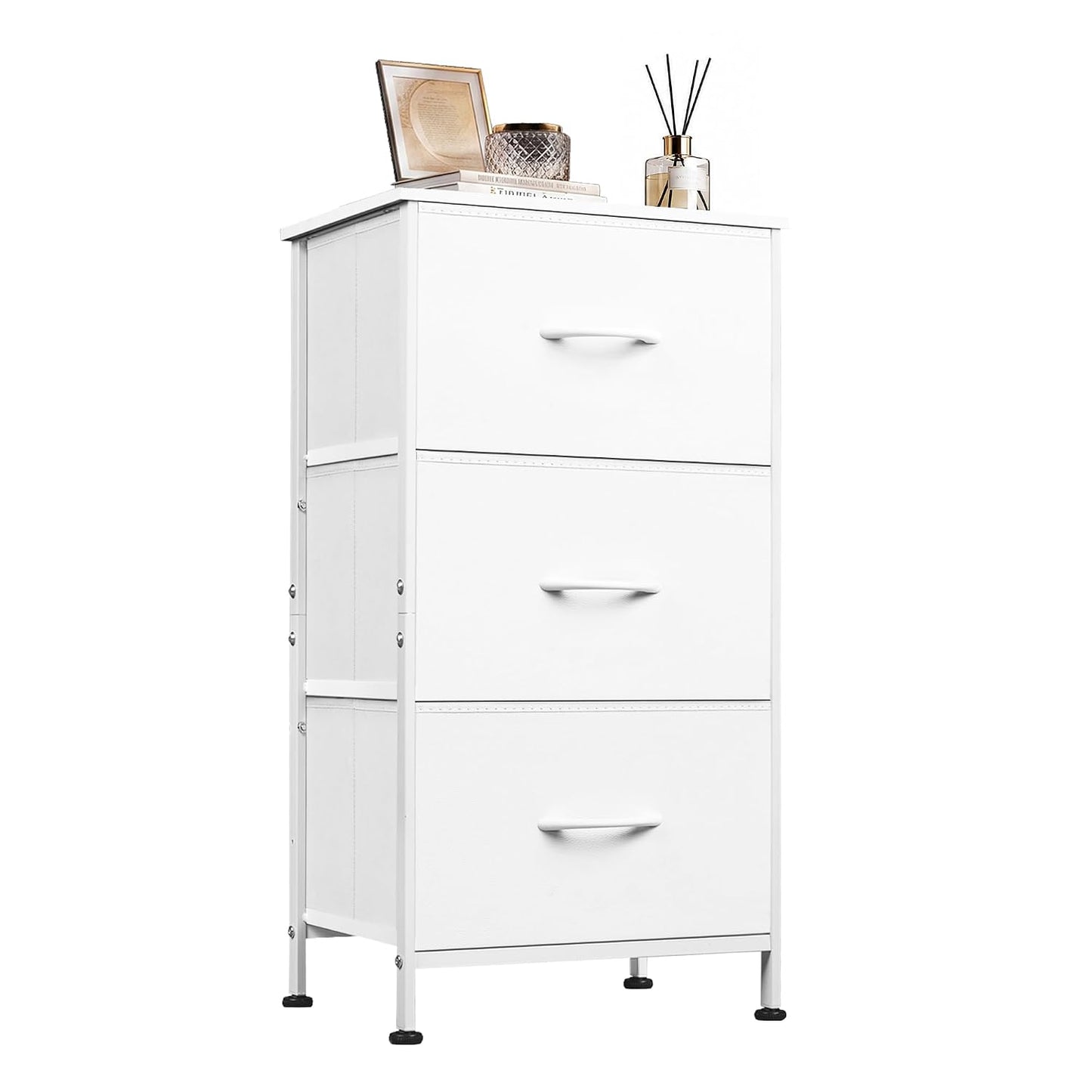 WLIVE Small Dresser Nightstand for Bedroom, 3 Drawers, White | 3 roomy fabric drawers, Compact nightstand, Bedroom or closet use, Chest of drawers, Dresser for small spaces