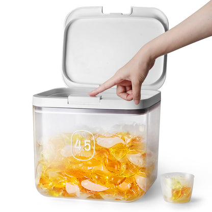 4.5L/10Lbs Laundry Powder Detergent Container with Lid | PET Clear Pods Dispenser with One-Press Lid and Measuring Cup 160oz (220 Pods)