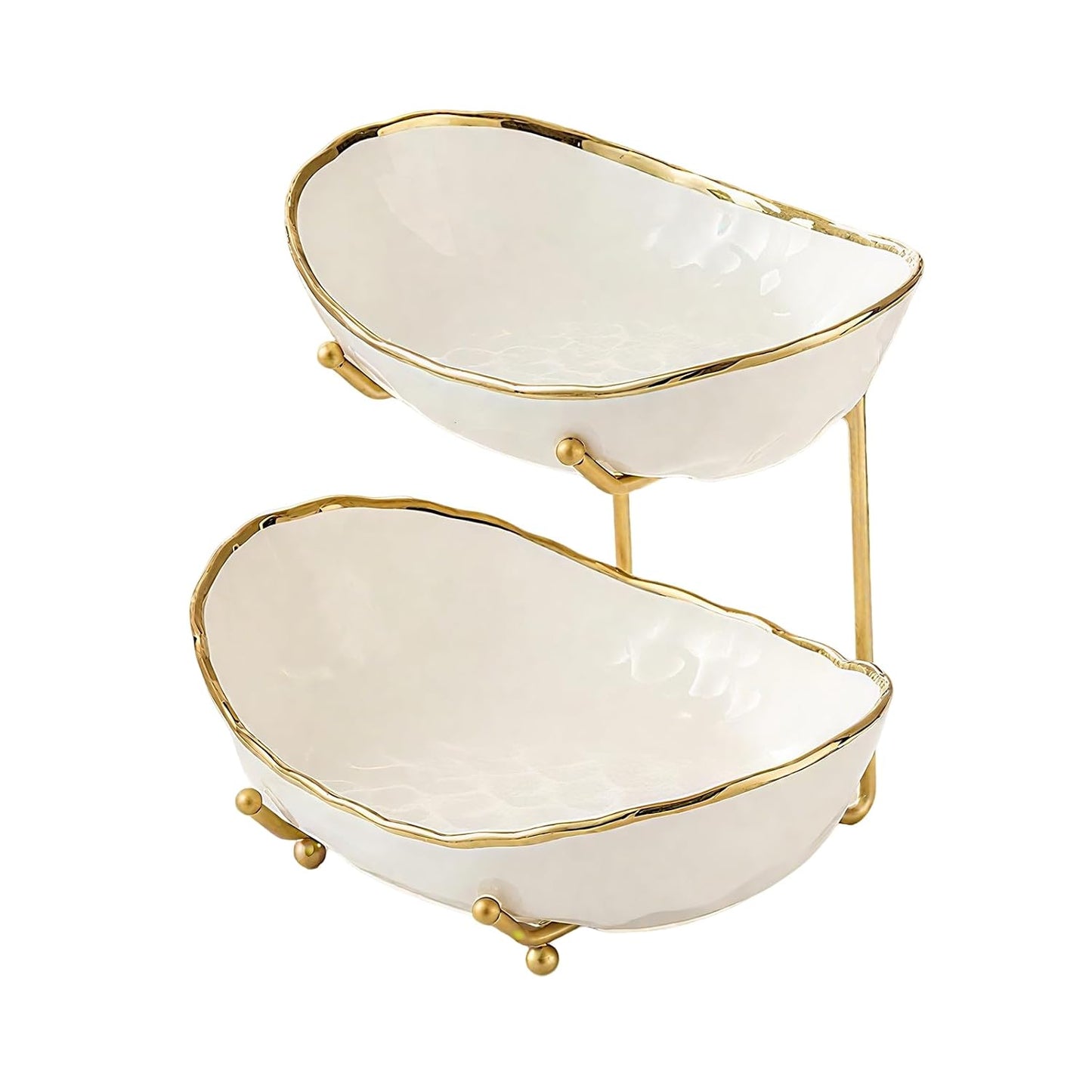 2 Tier Ceramic Fruit Bowl for Kitchen Counter with Metal Rack, Fruit Basket with Stand, Porcelain Bowls for Vegetable Bread Candy Snack Nuts Dessert Cake Tray (Gold 2 layer)