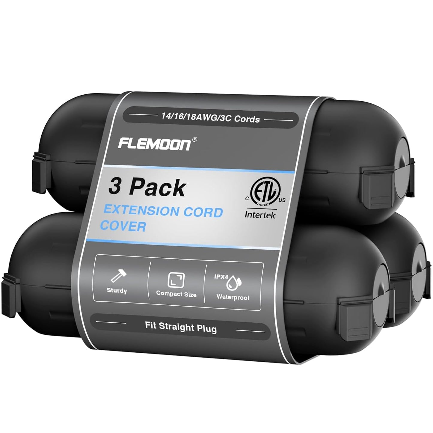3 Pack] Outdoor Extension Cord Safety Cover with W... (Black | Polypropylene)