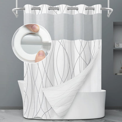 No Hook Shower Curtain with Snap-in Liner, Gray White, 71 x 74 Inch | Stripe Pattern, Waterproof, Mesh Top Window, Bottom Magnets, Hotel Style, Machine Washable, Quick Dry, Modern, for Bathroom