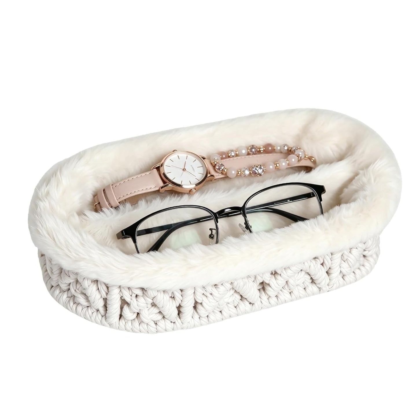 Glasses Holder, 2 Slots Plush Lined Eyeglass Holder Stand | Anti-scratch Eye-glasses Key Jewelry Tray for Nightstand Desk Table Entryway Dresser Storage Organizer, Beige
