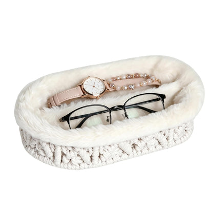 Glasses Holder, 2 Slots Plush Lined Eyeglass Holder Stand | Anti-scratch Eye-glasses Key Jewelry Tray for Nightstand Desk Table Entryway Dresser Storage Organizer, Beige