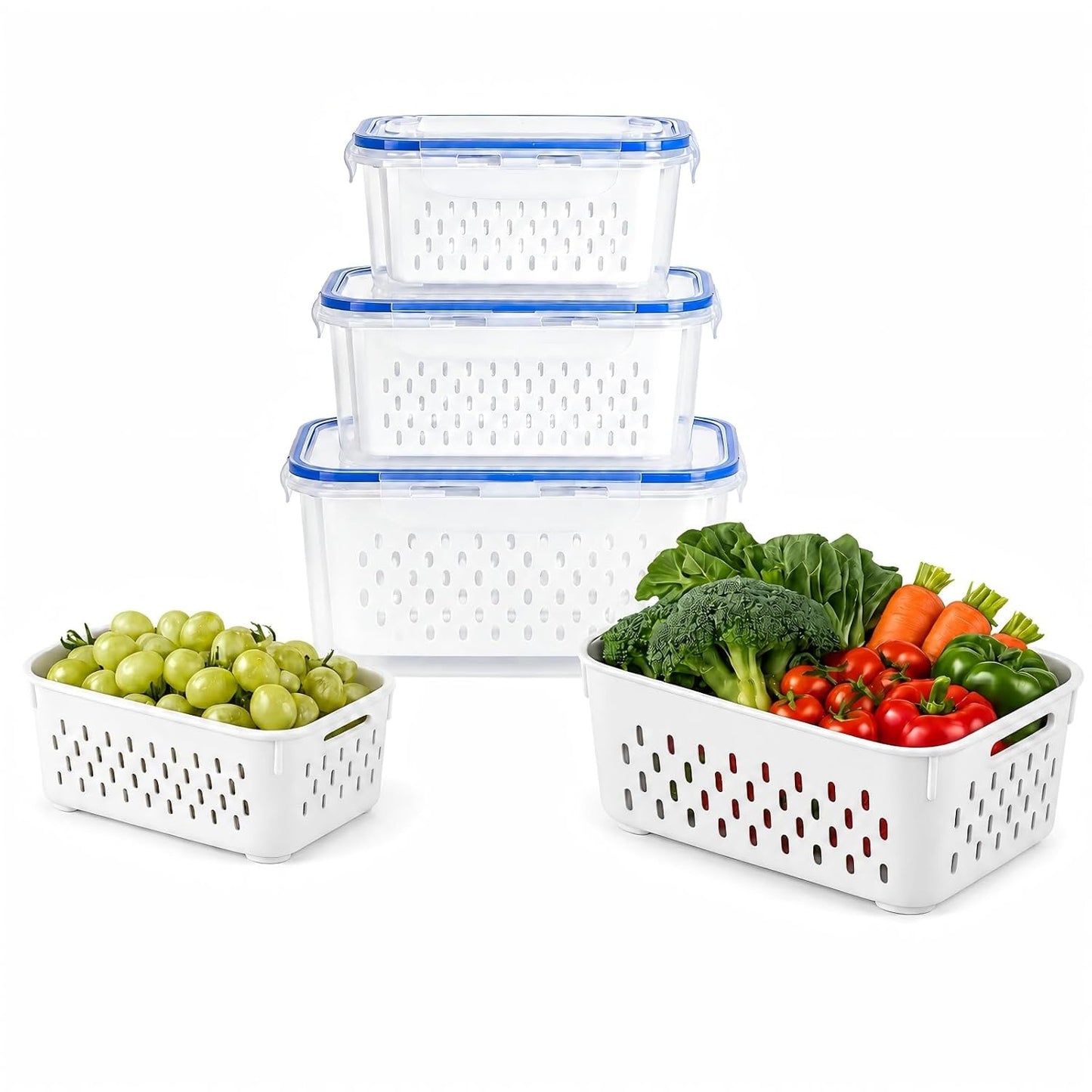 3 Pcs Fruit Storage Containers for Fridge, Produce Storage Containers with Removable Colander Basket & Airtight Lid, BPA-free food storage containers, for Fruits, Vegetables & Meat