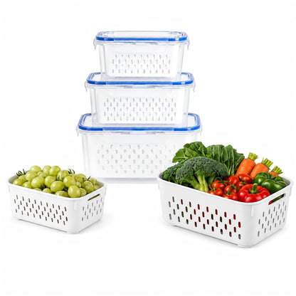 3 Pcs Fruit Storage Containers for Fridge, Produce Storage Containers with Removable Colander Basket & Airtight Lid, BPA-free food storage containers, for Fruits, Vegetables & Meat