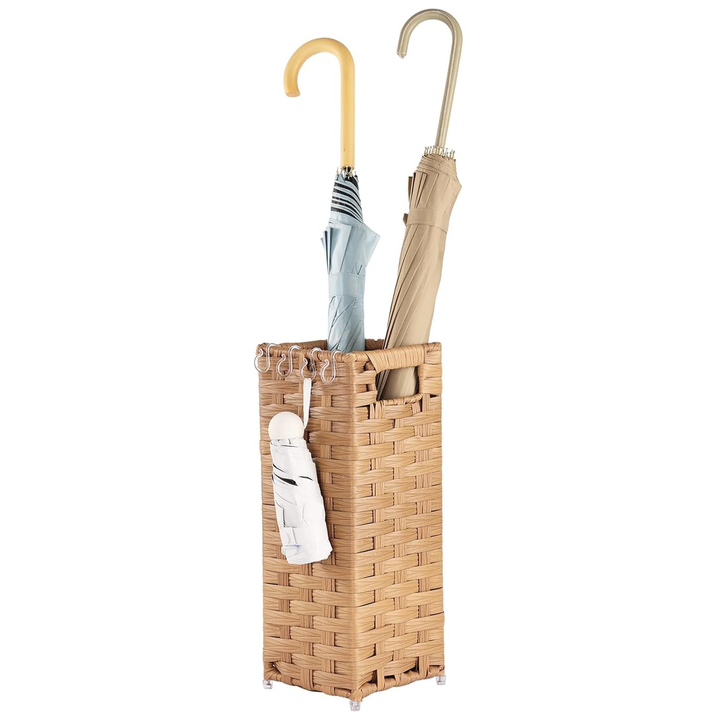 Rattan Umbrella Stand, Umbrella Holder for Entryway, Hand Woven Umbrella Rack Organizer Freestanding, with a Detachable Drip Tray, 4 Hooks, 6.5" L x 6.5" W x 16.5" H, Natural