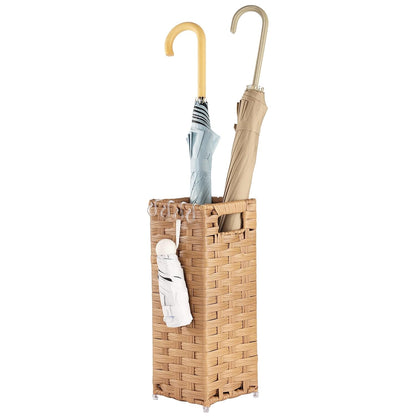 Rattan Umbrella Stand, Umbrella Holder for Entryway, Hand Woven Umbrella Rack Organizer Freestanding, with a Detachable Drip Tray, 4 Hooks, 6.5" L x 6.5" W x 16.5" H, Natural