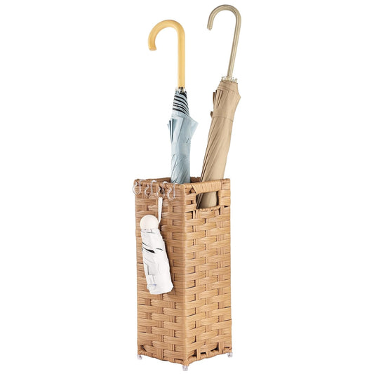 Rattan Umbrella Stand, Umbrella Holder for Entryway, Hand Woven Umbrella Rack Organizer Freestanding, with a Detachable Drip Tray, 4 Hooks, 6.5" L x 6.5" W x 16.5" H, Natural