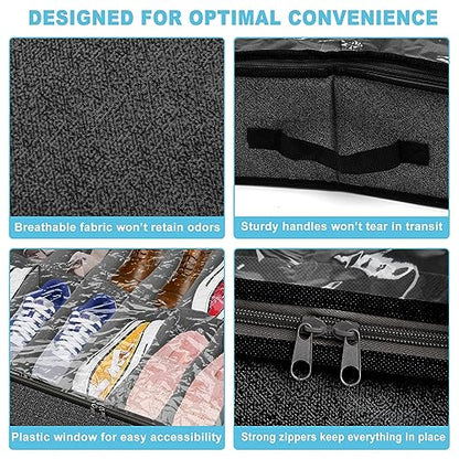 Under Bed Shoe Storage Organizer for Closet, 32 Pairs Sturdy Underbed Shoe Storage Boxes Bins Container Foldable Shoes Storage with Reinforced Handles & Clear Window for College Dorms Grey, Set of 2