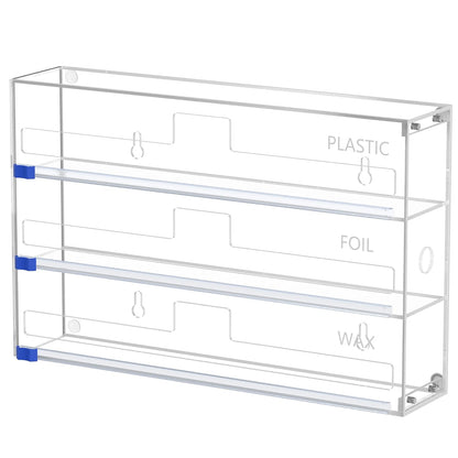 Kitchen Wrap Organizer, Foil and Plastic Wrap Organizer 3 in 1 with Sliding Cutter, Acrylic Wrap Dispenser for Drawer or Wall Mount, Fits 12 Inch Rolls