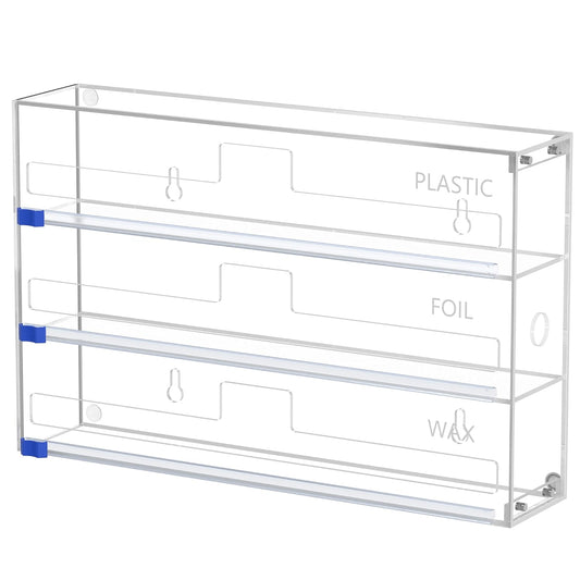 Kitchen Wrap Organizer, Foil and Plastic Wrap Organizer 3 in 1 with Sliding Cutter, Acrylic Wrap Dispenser for Drawer or Wall Mount, Fits 12 Inch Rolls