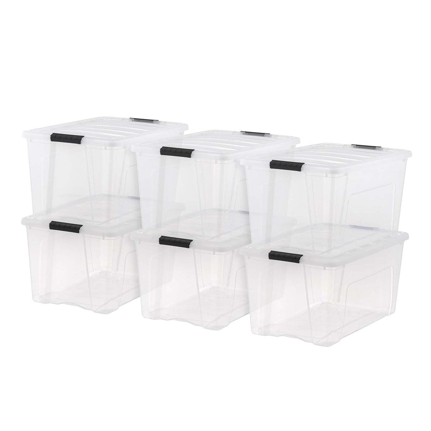IRIS USA 6-Pack 72 Quart Storage Bins with Lids, Clear | Transparent design makes contents easy to find. Perfect for moving, blankets, clothing, and garage storage. Nestable design