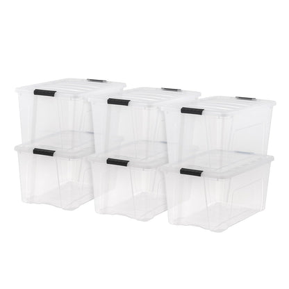 IRIS USA 6-Pack 72 Quart Storage Bins with Lids, Clear | Transparent design makes contents easy to find. Perfect for moving, blankets, clothing, and garage storage. Nestable design