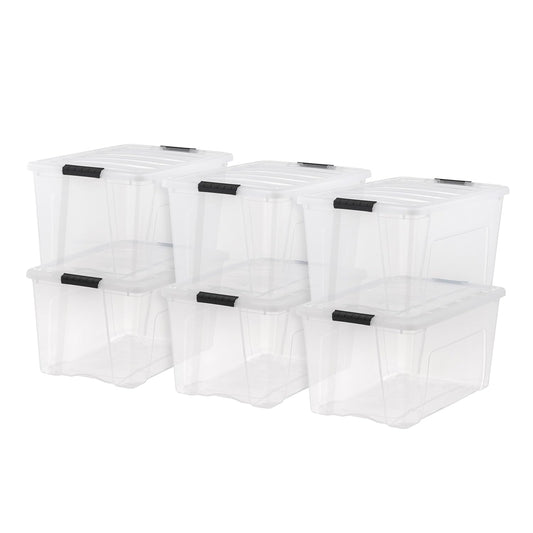 IRIS USA 6-Pack 72 Quart Storage Bins with Lids, Clear | Transparent design makes contents easy to find. Perfect for moving, blankets, clothing, and garage storage. Nestable design