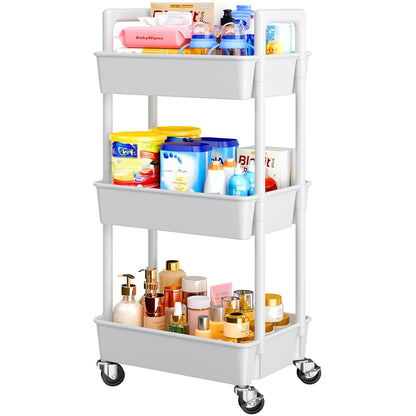 Pipishell 3 Tier Rolling Cart Organizer, Plastic Rolling Cart with Lockable Wheels & Reinforced Handle, Lightweight Utility Cart Storage Cart for Nursery, Kitchen, Bathroom, Craft Room, White, PIUC14W