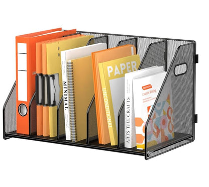 Binder Organizer, Magazine File Holder with 5 Vertical Rack, Black | Metal Desk File Organizer & Binder Holders, Magazine Organizers for Office Desktop, Home, School, Classroom