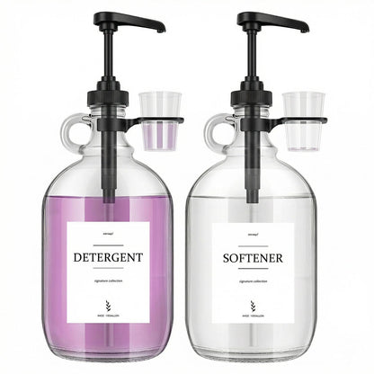 2 Pcs Glass Liquid Laundry Detergent Dispenser with Cup Holders, Half Gallon Dispenser for Laundry Room (64 oz. Each), Laundry Detergent Bottles with Pump Dispenser - (Black Pumps)