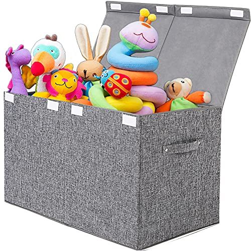Large Toy Box Storage with Lid, Collapsible Sturdy Toy Chest Storage Bin | Toy Storage with Rivets Handles for Kids, Boys, Girls, Nursery, Playroom, Living Room, Bedroom, 25"x 13" x 16" (Linen Gray)