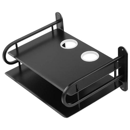 Black Metal Double Wireless WiFi Router Storage Box Wall Hanging Shelf with Cable Organizer, 2 Shelves, Large