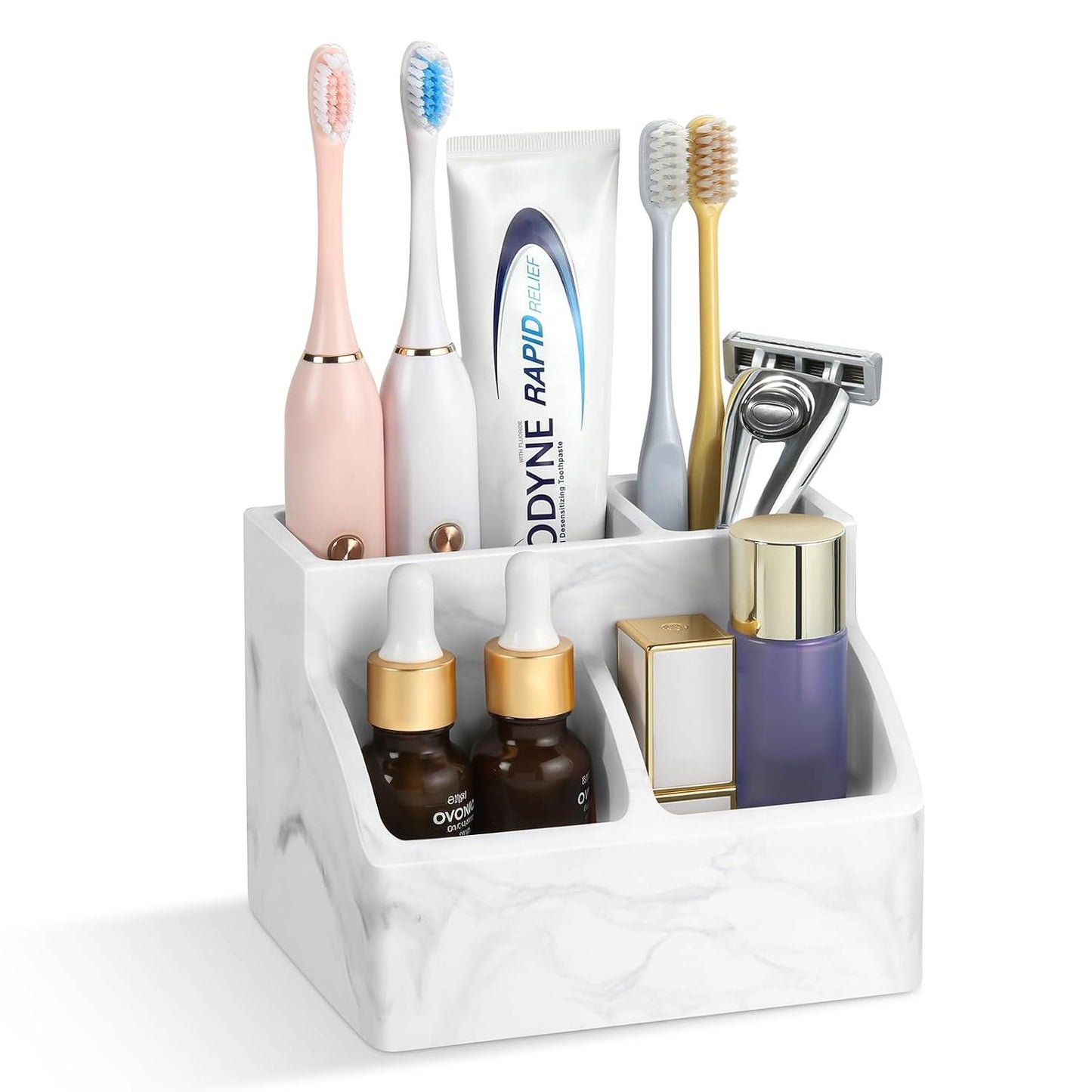 Luxspire Diatomite Toothbrush Holder, 4 Slots, Marble White | Fast Drying, Diatomaceous Earth, Electric Tooth Brush and Toothpaste Organizer, For Bathroom Kitchen Vanity Countertop