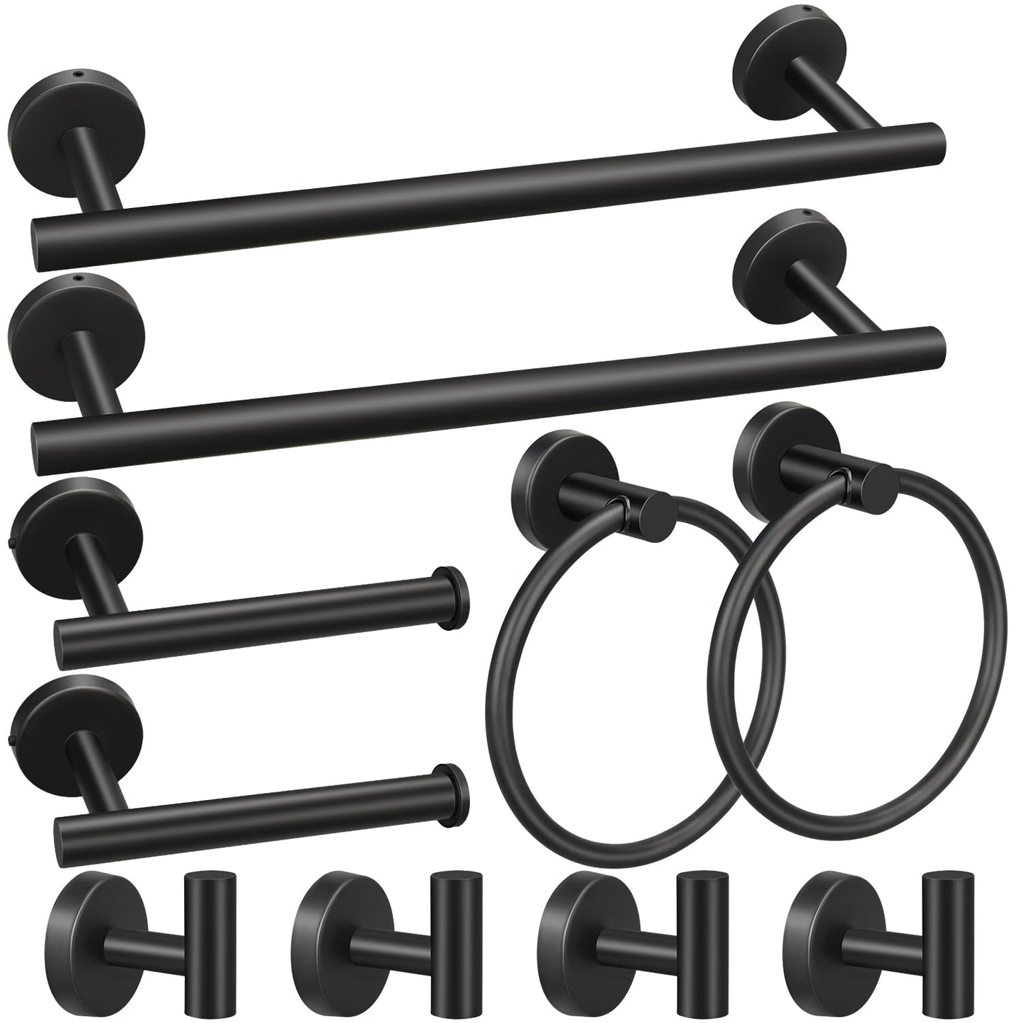 10pcs Matte Black Bathroom Hardware Set | Including 16" Hand Towel Bars, Toilet Paper Holders, Towel Rings, Towel Hooks