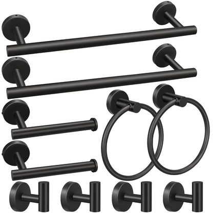 10pcs Matte Black Bathroom Hardware Set | Including 16" Hand Towel Bars, Toilet Paper Holders, Towel Rings, Towel Hooks