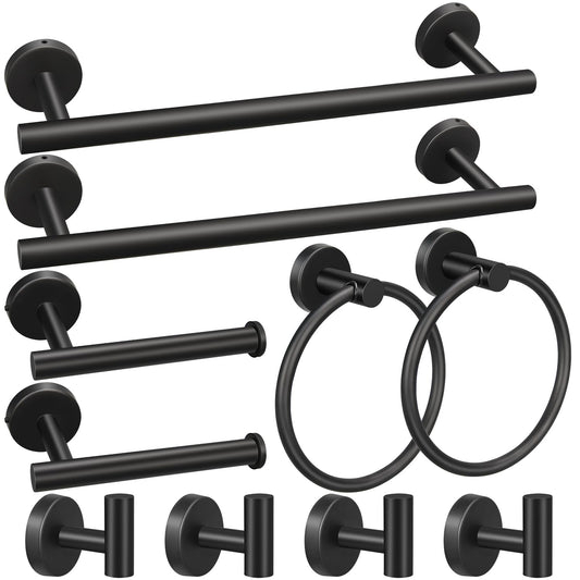 10pcs Matte Black Bathroom Hardware Set | Including 16" Hand Towel Bars, Toilet Paper Holders, Towel Rings, Towel Hooks