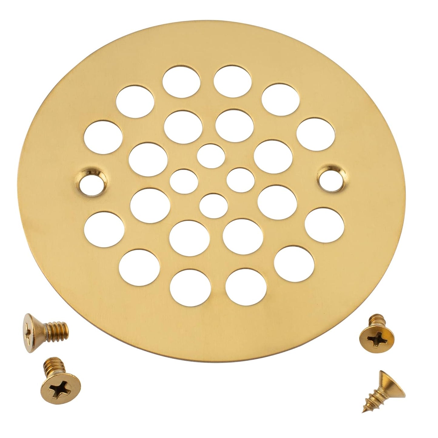 4-1/4“ Shower Strainer Drain Trim Set, Screw-in Shower Strainer Drain Cover, Plastic-Oddities Style Replacement Strainer Grid,Machine & Self-Tapping Screws Included (Brushed Gold)