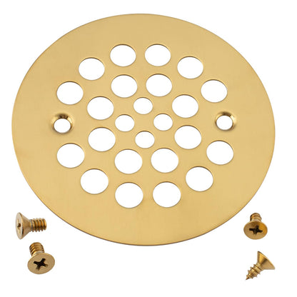4-1/4“ Shower Strainer Drain Trim Set, Screw-in Shower Strainer Drain Cover, Plastic-Oddities Style Replacement Strainer Grid,Machine & Self-Tapping Screws Included (Brushed Gold)
