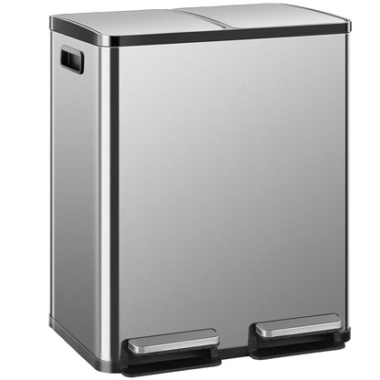 DUMOS Kitchen Trash Can, 2x8-Gallon Dual Trash Can with Lid, Stainless Steel Garbage Bin with 2 Removable Inner Buckets, Soft-Close Foot Pedal, Fingerprint-Resistant for Kitchen, Home, Office