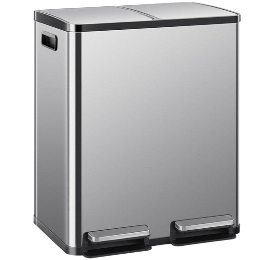 DUMOS Kitchen Trash Can, 2x8-Gallon Dual Trash Can with Lid, Stainless Steel Garbage Bin with 2 Removable Inner Buckets, Soft-Close Foot Pedal, Fingerprint-Resistant for Kitchen, Home, Office