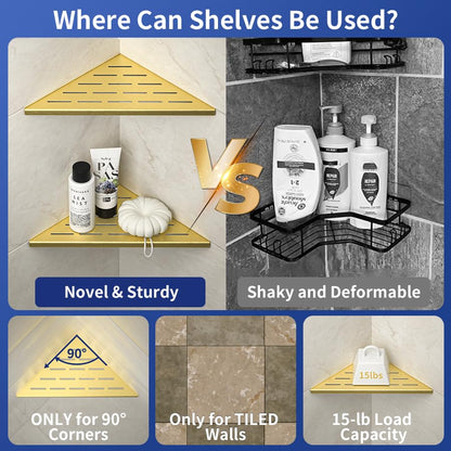 Corner Shower Shelf 10", Gold | 304 Stainless Steel Bathroom Shelf for Tiled Wall, Grout in Shelves, 2 Pack