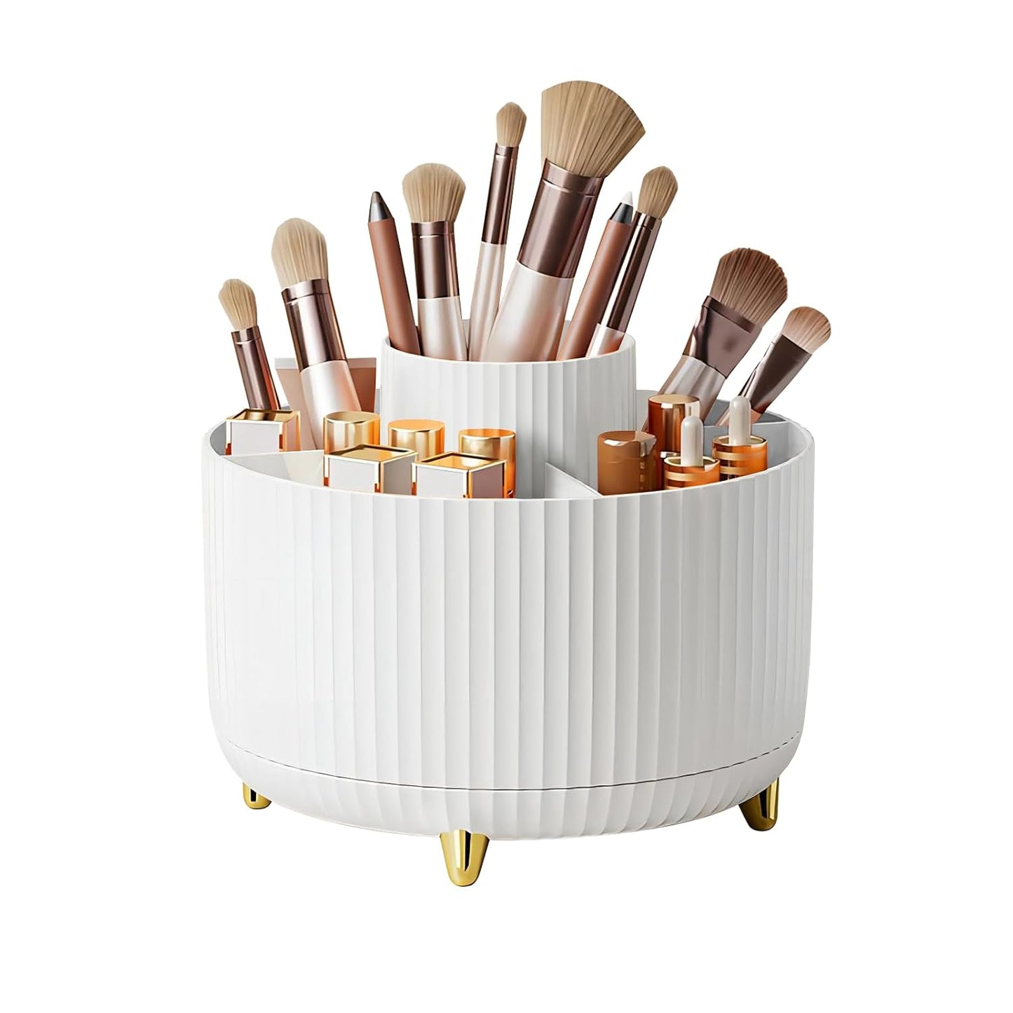 DASITON Large Capacity Makeup Brush Holder,360° Rotating Makeup Organizer,5 Slot Makeup Brushes Cup,for Vanity Decor,Bathroom Countertops,Desk Storage Container,Cosmetic Display cases(White)