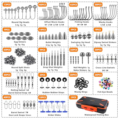 PLUSINNO 264/397pcs Fishing Accessories Kit, Organized Fishing Tackle Box with Tackle Included, Fishing Hooks, Fishing Weights Sinkers, Swivels, Beads, Fishing Gear Set Equipment for Bass Trout