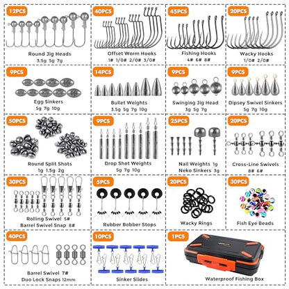 PLUSINNO 264/397pcs Fishing Accessories Kit, Organized Fishing Tackle Box with Tackle Included, Fishing Hooks, Fishing Weights Sinkers, Swivels, Beads, Fishing Gear Set Equipment for Bass Trout