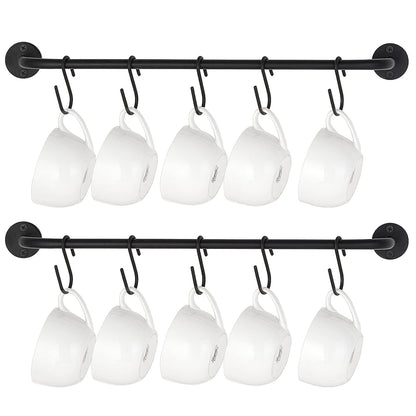 Mkono Wall Mounted Mug Holder, Coffee Cup Hanger Rack with 10 Hooks, 2 Pack | Kitchen Rod, Space Saving, Easy Assembly, Wall & Under Cabinet, Durable Metal, Kitchen Dining Bar Organizer, Multi-Function