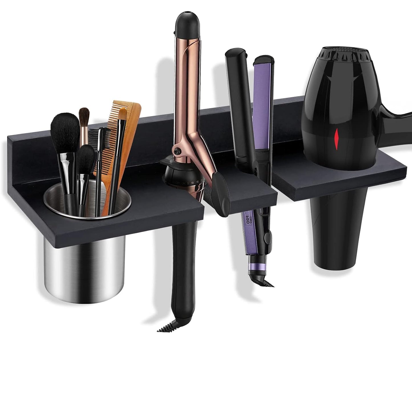 Hair Tool Organizer Wall Mounted - Wooden Dryer Holder, Blow Dryer Holder for Bathroom, Rustic Styling Tools Organizer for Flat Iron, Curling Wand, Hair Straighteners, Brushes, Black