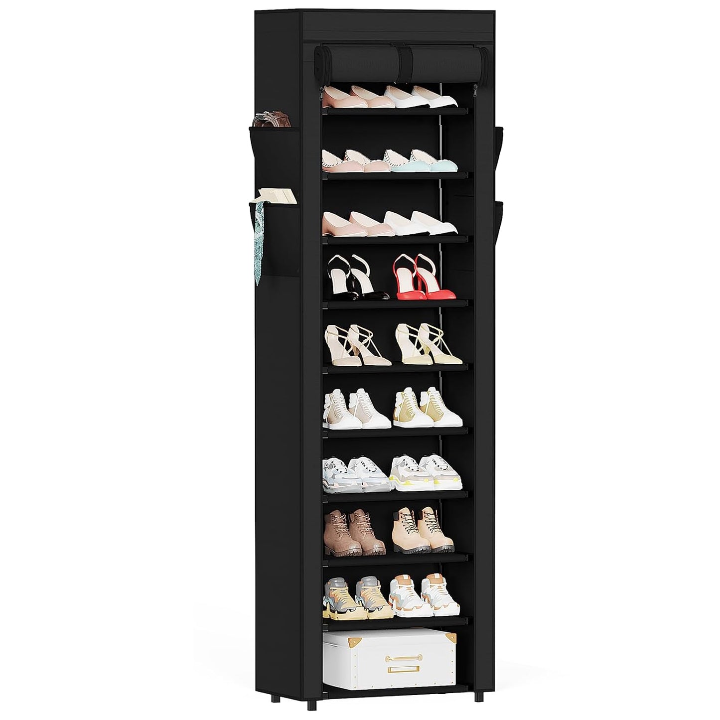 Mavivegue Shoe Rack with Cover, 10 Tier Tall Shoe Organizer for 18-22 Pairs of Shoes, Shoe Organizer with 4 Side Pockets, Shoe Cabinet for Entryway, Closet