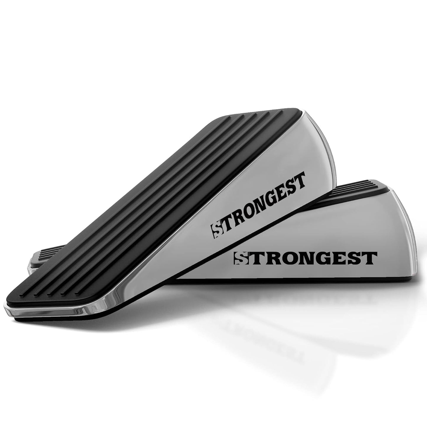 Door Stoppers for Bottom of Door – Heavy Duty Metal Rubber Stopper, Non-Slip Door Stop for Heavy Doors, Works on Wood, Tile & Carpet Floors, Wedge Chrome 2 PCs + 2 White Wall Protectors