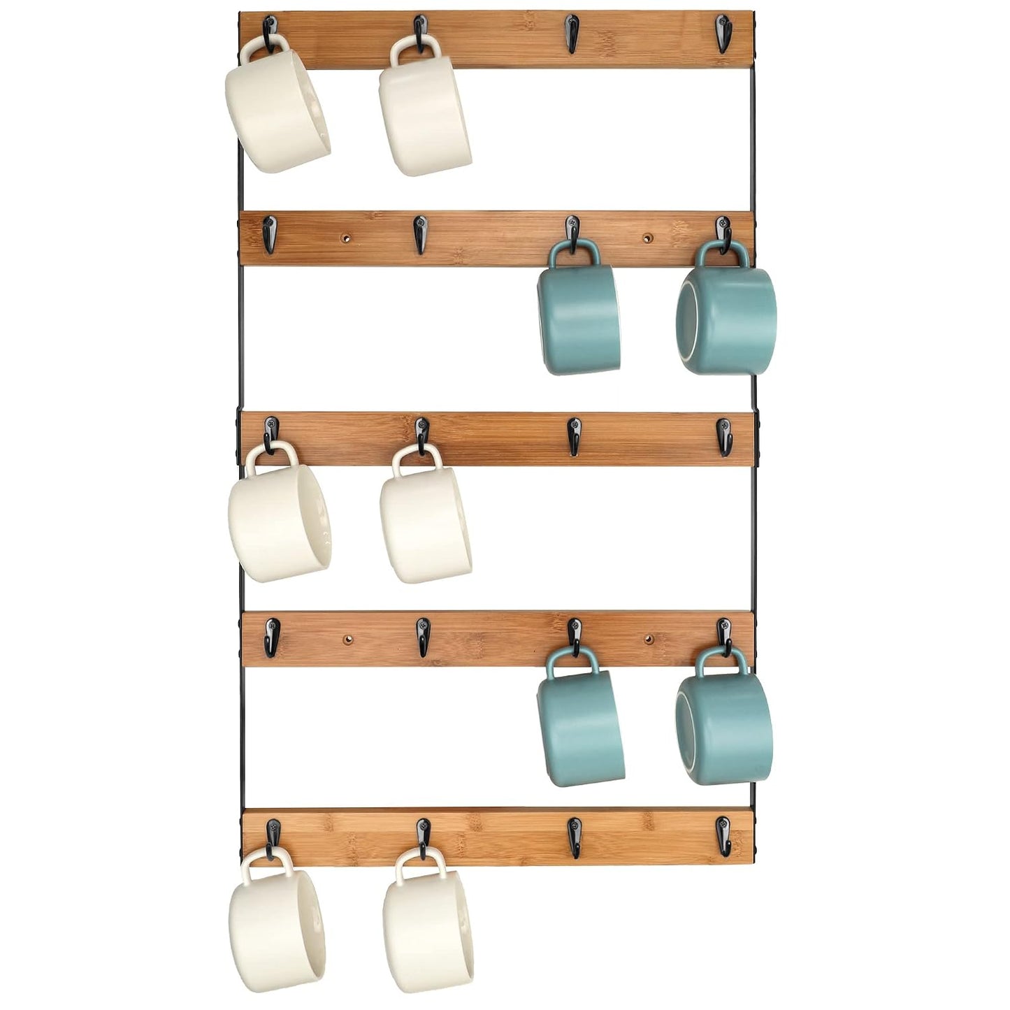Wall Mounted Coffee Mug Holder, Large 5 Tier Shelf with 20 Hooks for Cups, Rustic Wooden Display Rack for Kitchens, Homes and Bars (Bamboo)