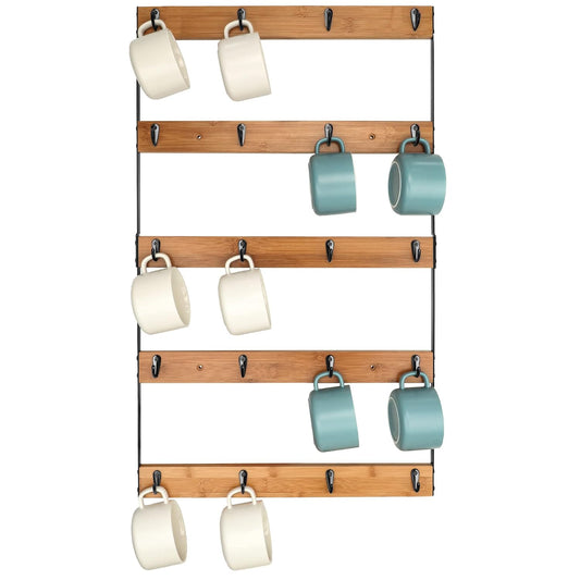 Wall Mounted Coffee Mug Holder, Large 5 Tier Shelf with 20 Hooks for Cups, Rustic Wooden Display Rack for Kitchens, Homes and Bars (Bamboo)