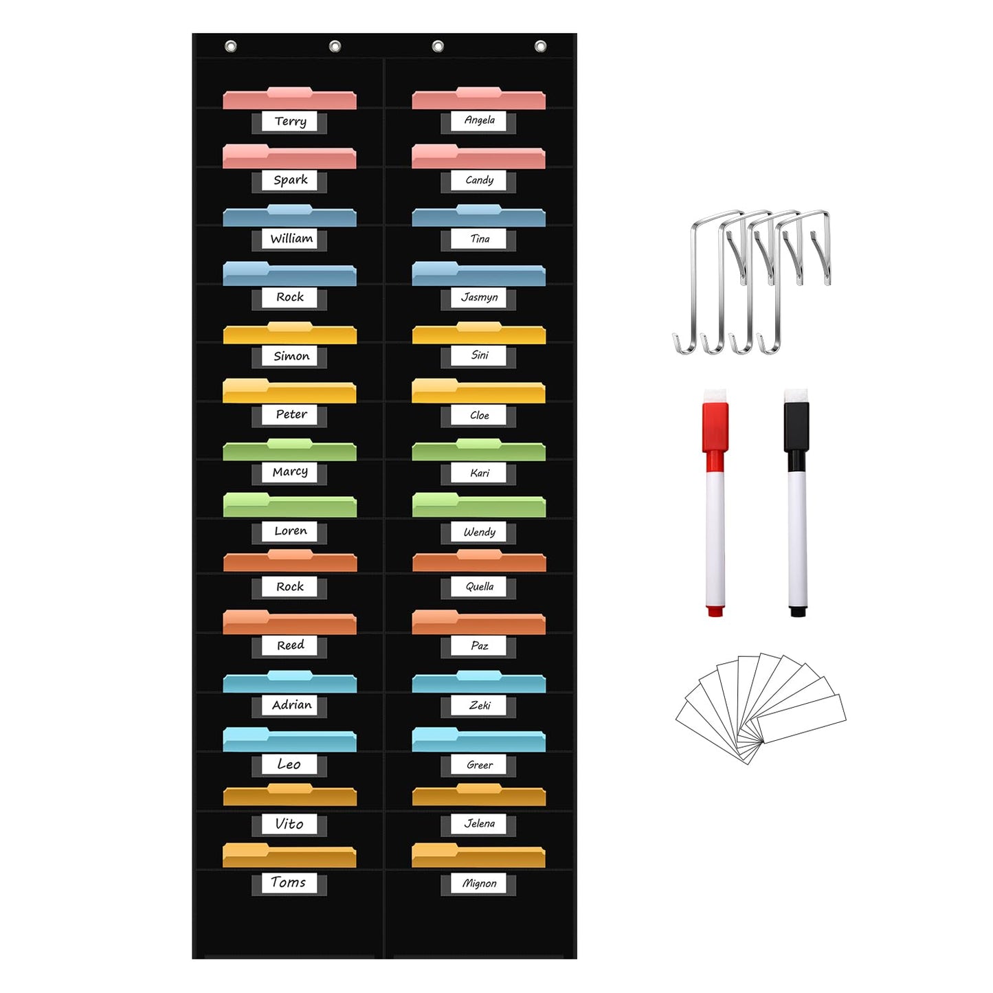 ANCOMEDO 28 Pocket Hanging Wall File Organizer with 28 Name tag Pockets, File Storage Pocket Chart for Classroom and Office Use. Keeps Assignments, Files, Scrapbooks, and Papers Neatly Organized.