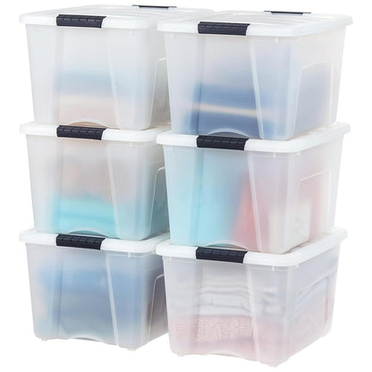 IRIS USA 6-Pack 40 Quart Storage Bins with Lids, Pearl | Conceals contents for a clean look. Perfect for moving, blankets, clothing, and garage storage. Nestable design saves space