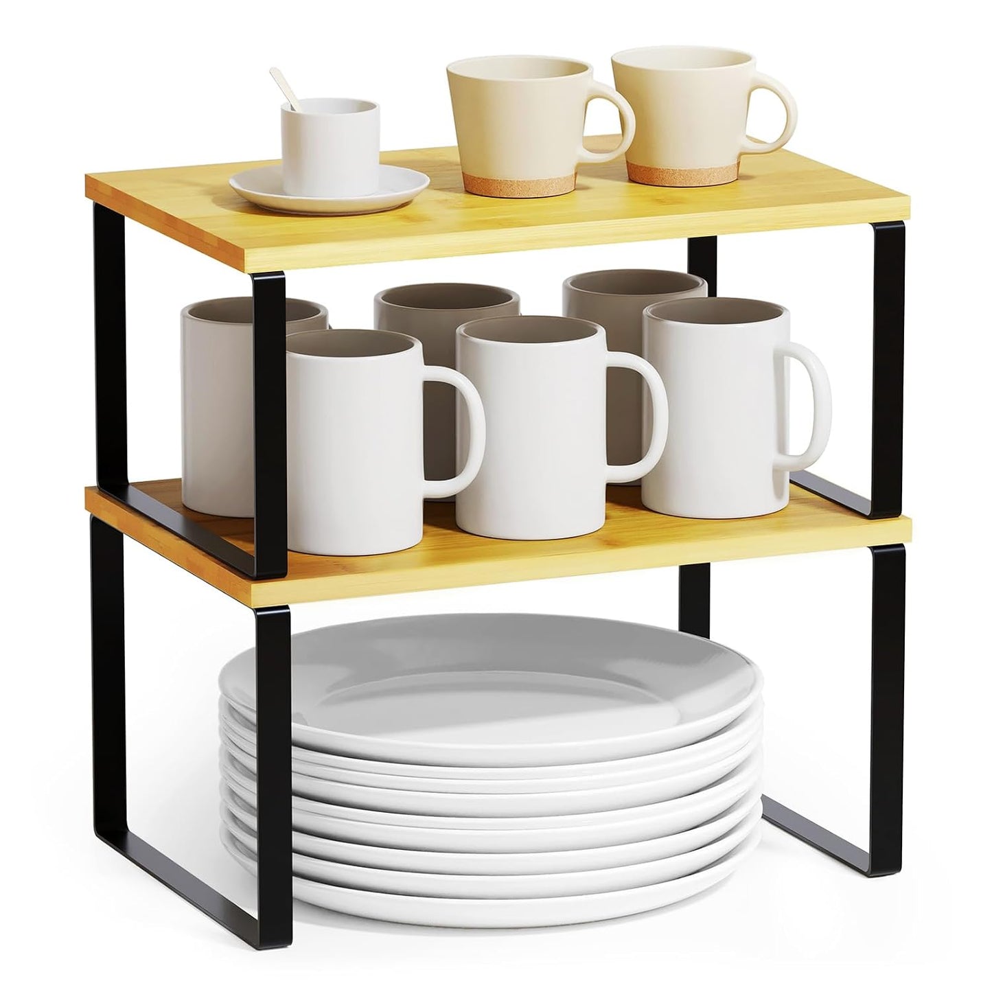 Cabinet Shelf Organizers 2 Pack, Kitchen Counter R... (Black + Natural | Bamboo)