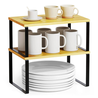 Cabinet Shelf Organizers 2 Pack, Kitchen Counter R... (Black + Natural | Bamboo)