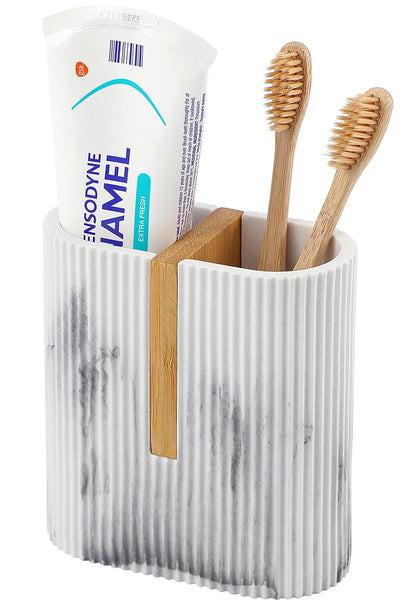 Toothbrush Holders for Bathroom, Bamboo Toothbrush Stand, Marble White | Electric Toothbrush and Toothpaste Organizer for Bathroom Sink Countertop Storage, Modern Brushing Accessories