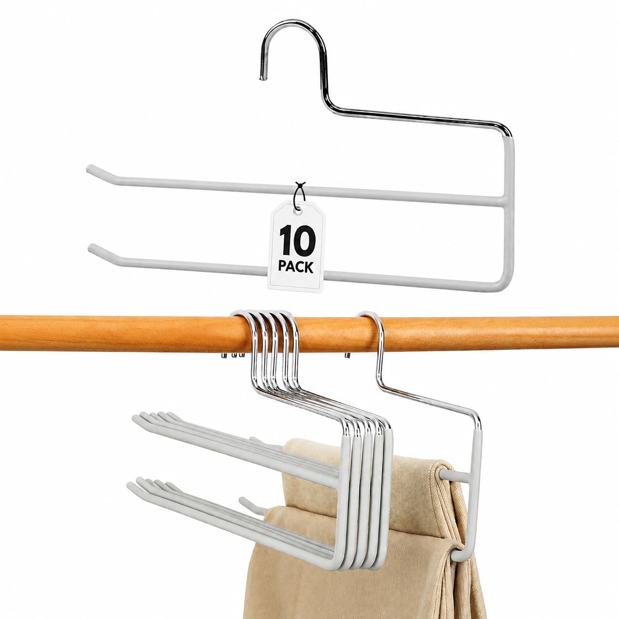 Pants Hangers for Closet, Open Ended 2 Tier Hanger with Space Saving Dual Layer Design, Non Slip PVC Coated Metal Construction, Closet Storage Solution for Pants, 10 Pack, Gray