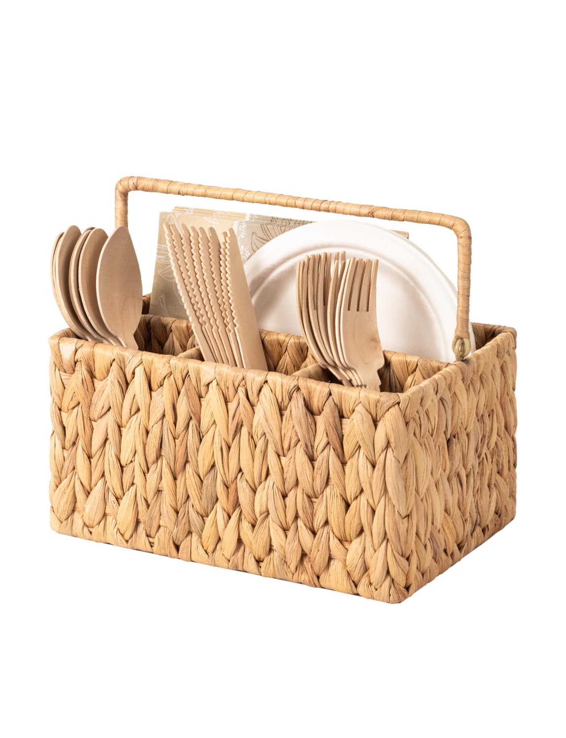 StorageWorks Wicker Silverware Caddy for Party, Rattan Utensil Holder | Hand-Woven Water Hyacinth Cutlery Basket for Countertop, Utensil Caddy for Parties, Silverware Organizer with Handle, 1-Pack